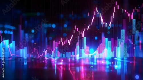 Market Stock Trends Under Neon Blue and Glow Purple, Perspective Dynamic and Depth in Illustration Financial