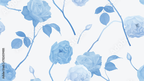 Floral seamless pattern, pastel blue roses on light grey background © momosama