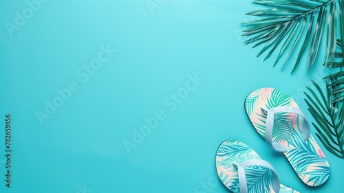 Pair of flip-flops with tropical pattern alongside palm leaf on vibrant blue background suggesting summer vibes photo