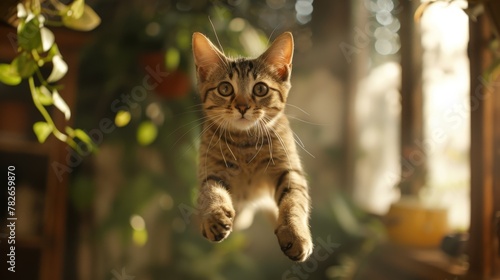 a tabby cat jumps mid-air with an amusing expression  inviting laughter against a backdrop designed for creative additions