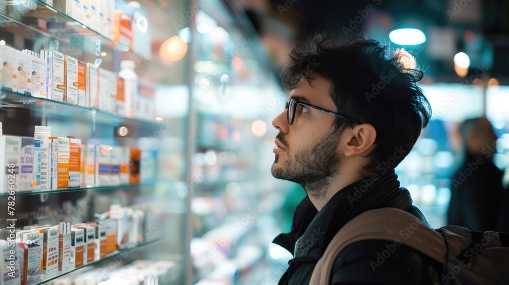 Man with glasses is looking intently at products on well-lit store shelf Man with glasses is looking intently at products on well-lit store shelf