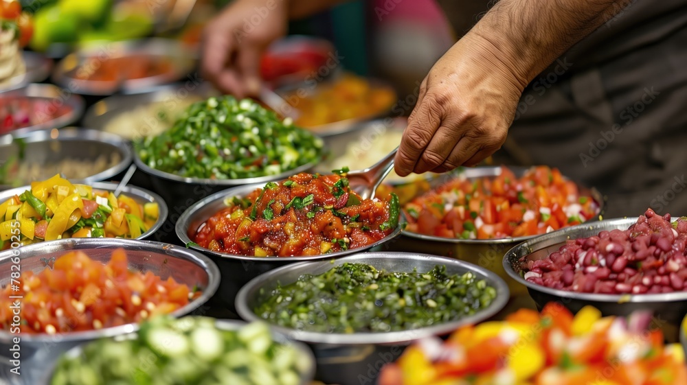 Person serving variety of colorful, fresh salads on display in metal bowls at food market Person serving variety of colorful, fresh salads on display in metal bowls at food market