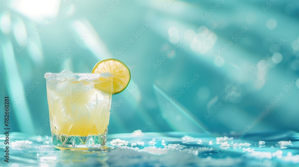 Refreshing cocktail with lime slice on rim, sitting vibrant, blue, sunlit background ice crystals around Refreshing cocktail with lime slice on rim, sitting vibrant, blue, sunlit background ice crystals around