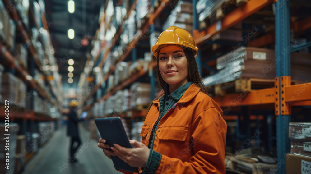 Fototapeta premium Two warehouse workers using a digital tablet while recording inventory. Logistics employees working with warehouse management software in a large distribution centre.
