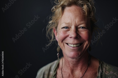 Portrait of a happy senior woman smiling at the camera on a dark background