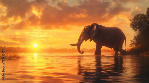 Majestic elephant silhouetted against a breathtaking sunset background  its massive form highlighted by the warm hues of the sky 
