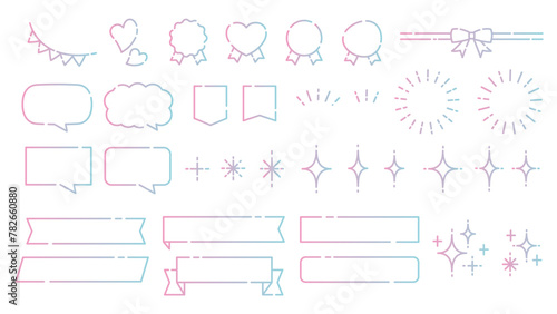 手描き風のかわいい線画のベクター素材セット・フレーム、ふきだし、リボン