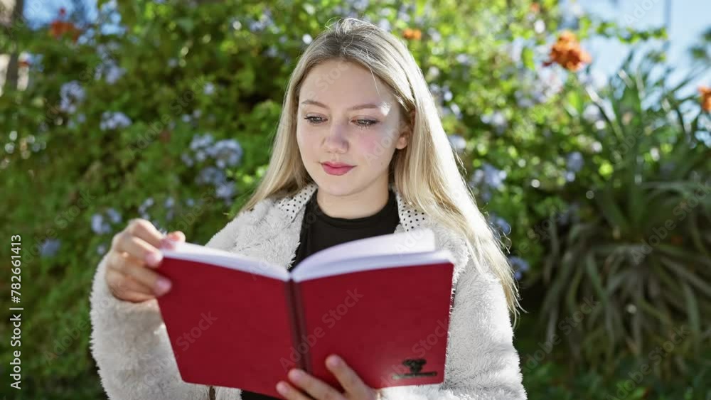 A contemplative young blonde woman reads a red book in a lush outdoor garden setting. A contemplative young blonde woman reads a red book in a lush outdoor garden setting.