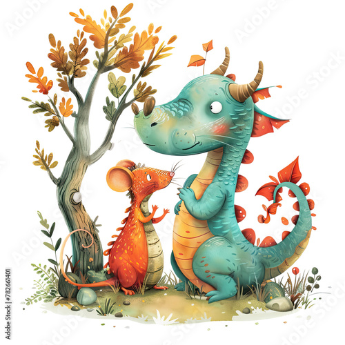 Brave dragon and playful mouse sitting together in a grassy field, forming an unlikely friendship in a whimsical forest setting Isolated on transparent