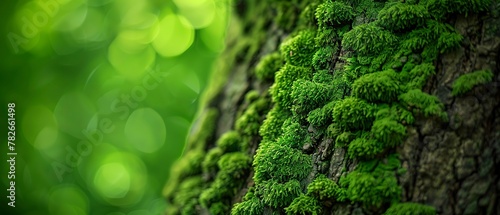 Moss covered tree trunk  close up  lush green  detailed texture  natural lighting