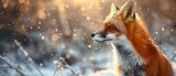 Fox in snow, close up, vibrant fur, soft snow background, winter light