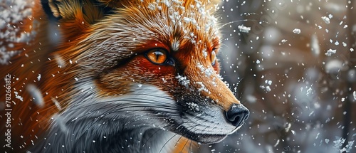 Fox in snow, close up, vibrant fur, soft snow background, winter light photo