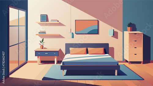 In a small bedroom a simple bed frame and basic dresser are the only furniture pieces but the clever use of spacesaving storage solutions makes