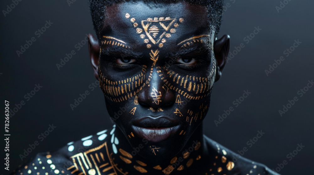 A striking black man with a commanding presence his face a canvas for intricate patterns and designs that fuse together traditional African art with abstract elements. His impeccable . - obrazy, fototapety, plakaty 