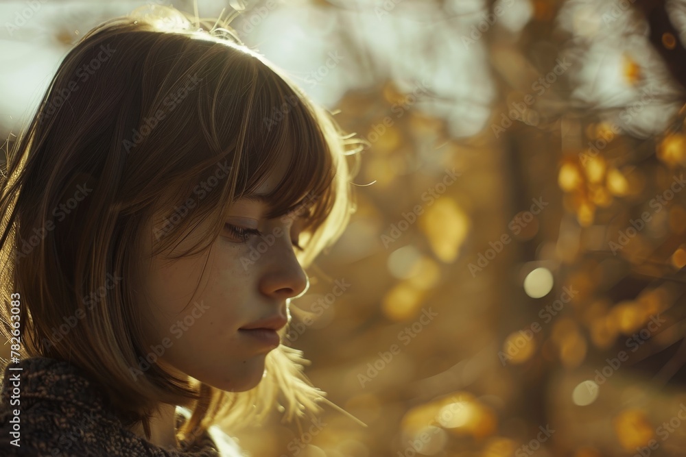 Serene young woman in autumn light, her gaze downward with a thoughtful expression amidst golden leaves.
Serene young woman in autumn light, her gaze downward with a thoughtful expression amidst golden leaves.