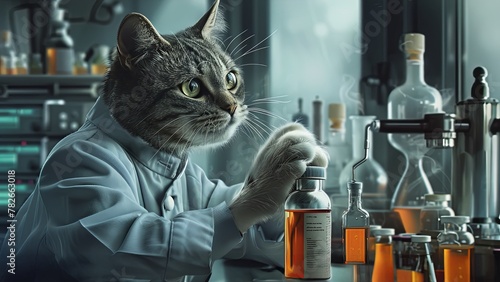 A cat pharmacologist in a crisp uniform synthesizes a breakthrough medicine, whiskers twitching with precision photo