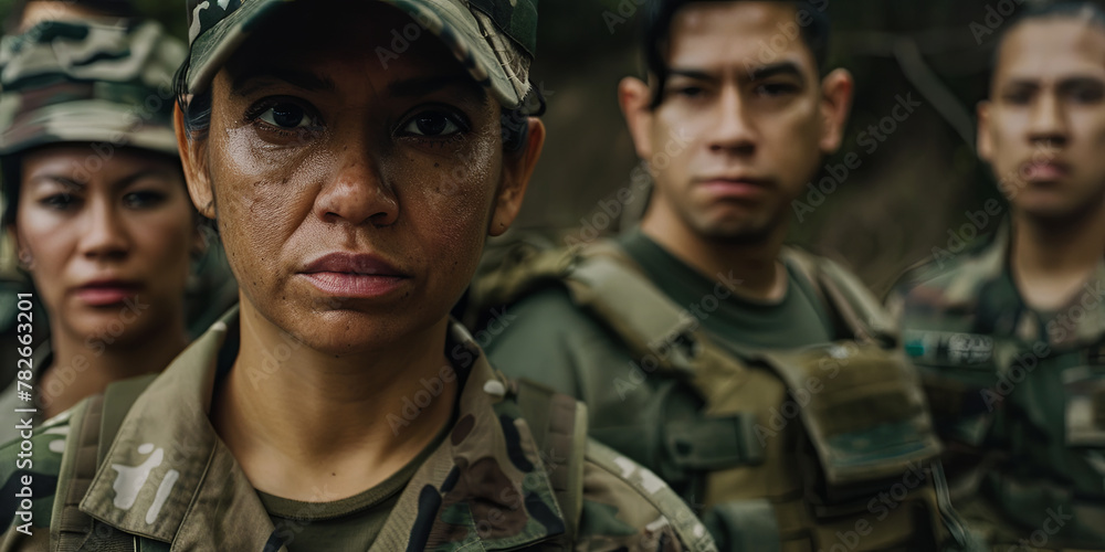 close up of an army man and woman in uniform, standing with other soldiers behind them, generative AI close up of an army man and woman in uniform, standing with other soldiers behind them, generative AI