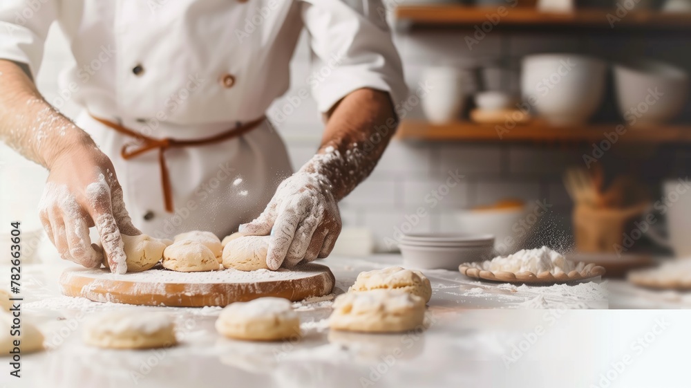 Chef preparing dough on wooden board in kitchen with flour dust air