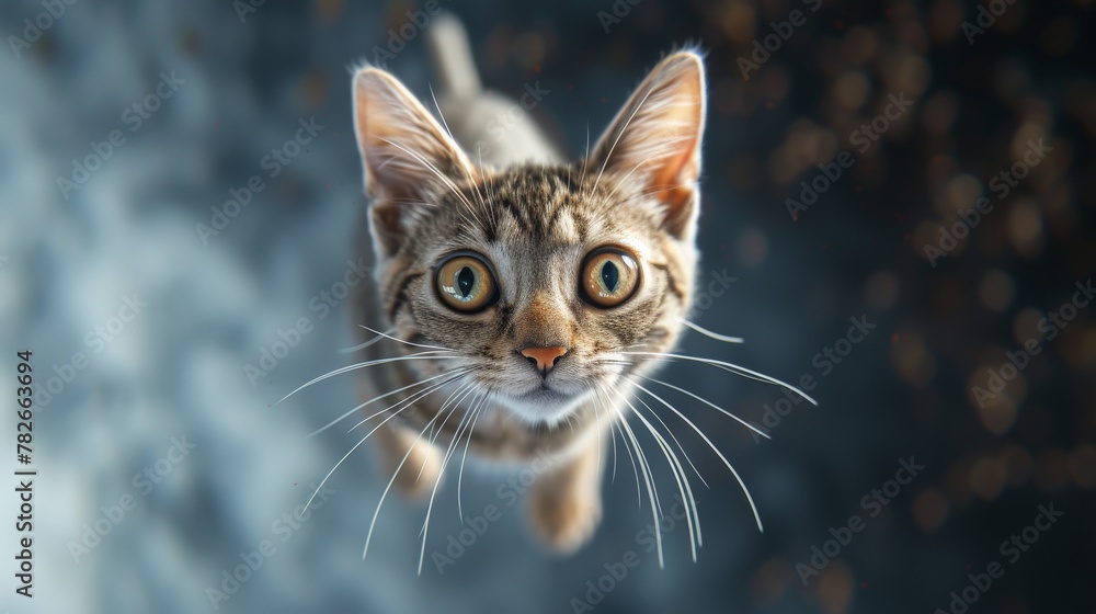 With a mischievous grin and wide eyes, a funny tabby cat defies gravity as it leaps towards the camera, against a backdrop offering plenty of space for creative additions With a mischievous grin and wide eyes, a funny tabby cat defies gravity as it leaps towards the camera, against a backdrop offering plenty of space for creative additions