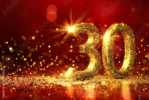 30th anniversary with 3d digital scene illustration on red background