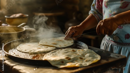 Person in blue apron cooking flatbreads on large griddle with steam rising
