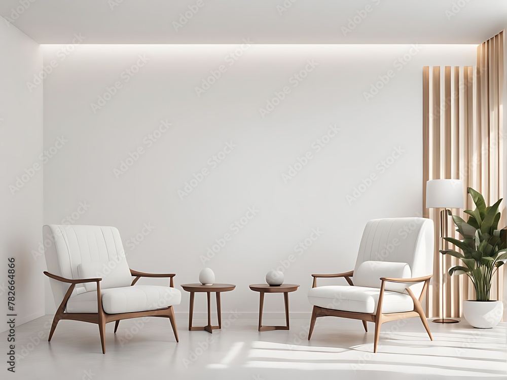 Modern minimal interior with two armchair on empty white color wall background with copy space Modern minimal interior with two armchair on empty white color wall background with copy space