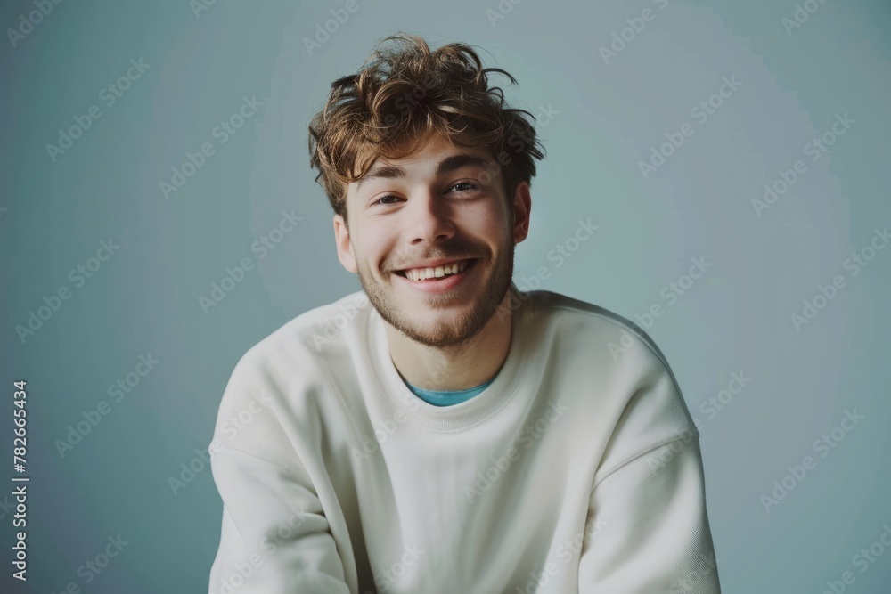 Portrait of a young man in a white sweater on a gray background Portrait of a young man in a white sweater on a gray background