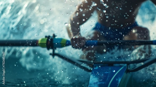 The defined back muscles of a rower as they powerfully move their oars through the water. . photo