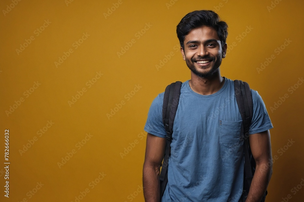 Indian male individual with smile on face next to empty space on dark yellow background. Young handsome student wearing t-shirt and jeans, wearing a backpack. Indian male individual with smile on face next to empty space on dark yellow background. Young handsome student wearing t-shirt and jeans, wearing a backpack.