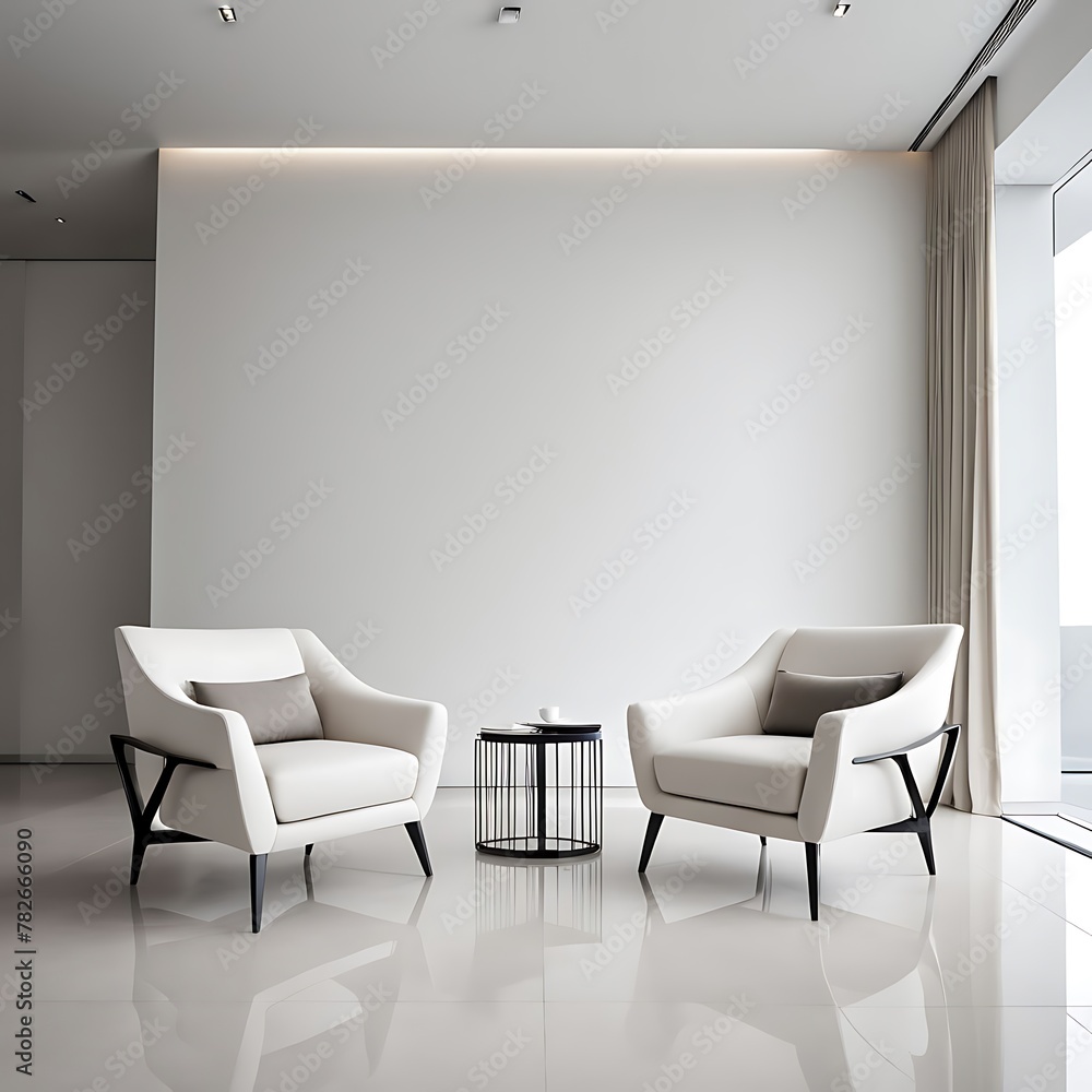 Obraz premium Modern minimal interior with two armchair on empty white color wall background with copy space