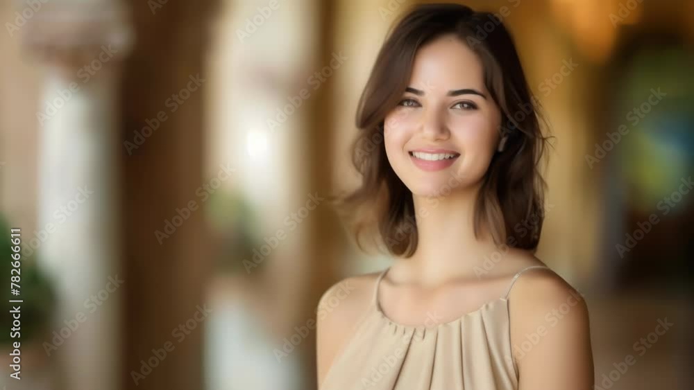 Soft smile from a young woman wearing a beige dress, standing in front of a blurred natural background. Gentle sunlight illuminates her hair and skin, creating a natural and serene atmosphere. Soft smile from a young woman wearing a beige dress, standing in front of a blurred natural background. Gentle sunlight illuminates her hair and skin, creating a natural and serene atmosphere.