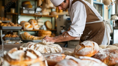 A baker kneading dough for artisan bread in a bakery