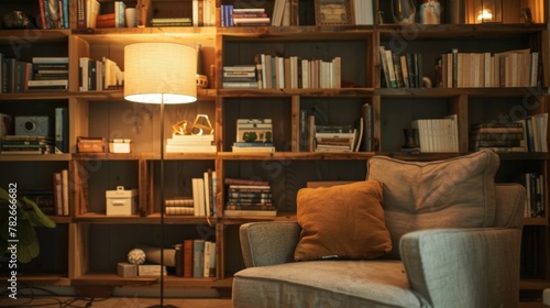 A cozy reading nook featuring a reclaimed wood bookshelf with varying sizes and shapes of shelves. The shelves are filled with books and decorative items adding character and personality . © Justlight