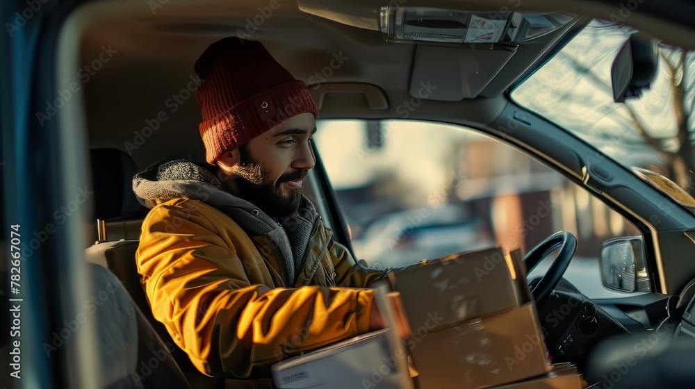 A delivery driver double-checking orders in the back of their car A delivery driver double-checking orders in the back of their car