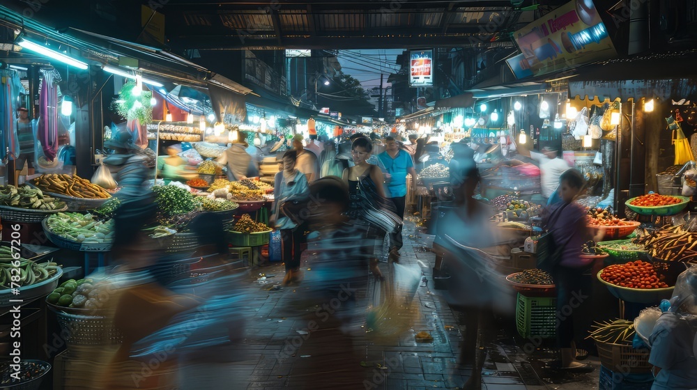A dynamic scene at a bustling market with shoppers in motion