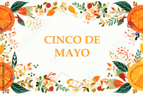 Cinco de Mayo-May 5th- typography banner. Mexico design for fiesta cards or party invitation and poster. Flowers traditional mexican embroidery frame with floral letters on white background.
