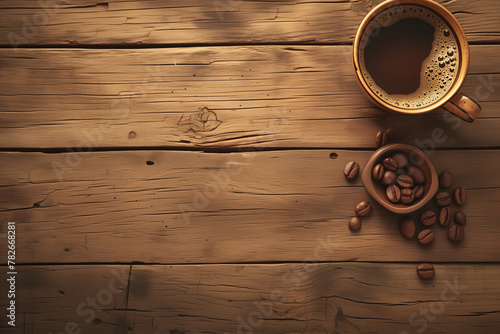 Photo of a steaming cup of coffee with beans on a wooden background