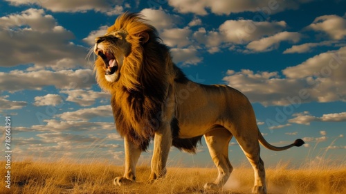  A commanding roaring lion  its primal roar echoing across the savannah  a scene that captures the raw energy and untamed spirit of this apex predator  