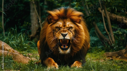 A dangerous roaring lion  its muscular frame and ferocious expression conveying a sense of imminent threat  a scene that serves as a reminder of the untamed forces that roam the savannah