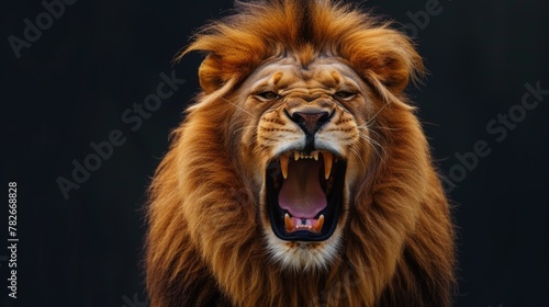 color photo of a fearsome roaring lion  its golden coat and fiery eyes radiating an aura of primal aggression  a scene that epitomizes the raw beauty and inherent danger of the animal kingdom