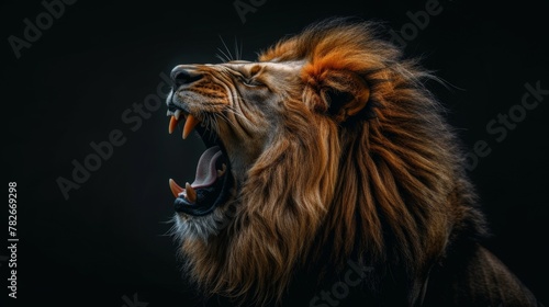 color photo of a fierce and majestic roaring lion  its powerful jaws open wide  exuding an aura of danger and dominance  a scene that captures the untamed spirit of the wild