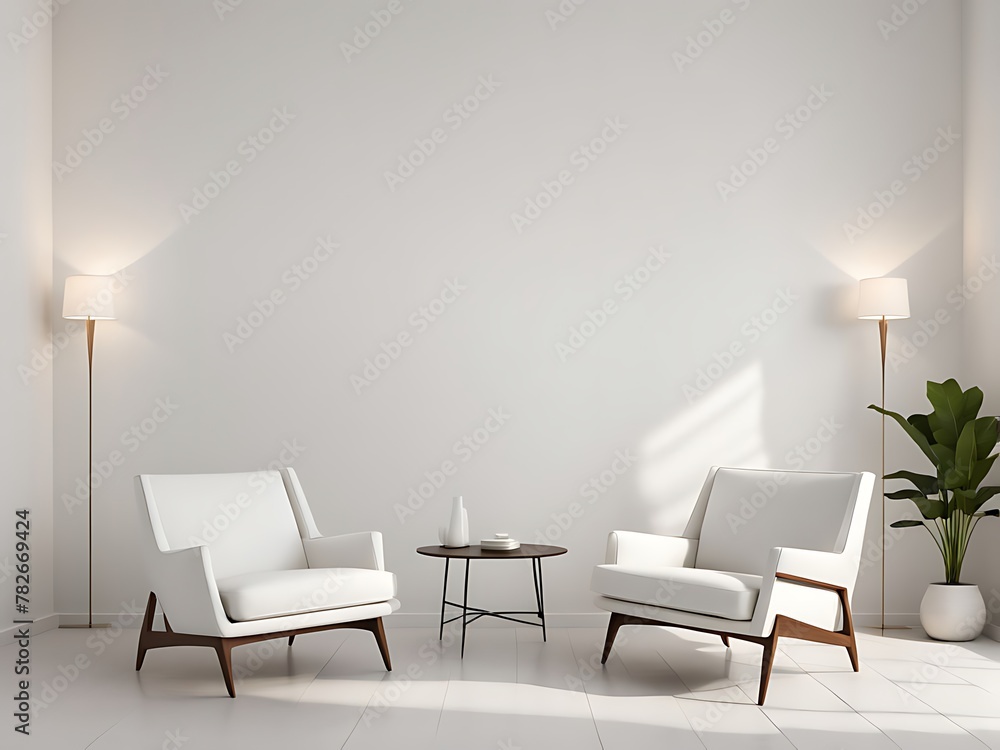 Modern minimal interior with two armchair on empty white color wall background with copy space Modern minimal interior with two armchair on empty white color wall background with copy space