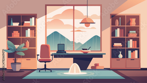 Embracing the principles of feng shui this zenstyle home office features a balance of elements from the flowing water fountain to the warm glow