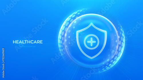Healthcare. Health insurance. Protection shield cross icon inside transparent sphere shield with hexagon pattern on blue background. Health Care and Medical services concept. Vector illustration.