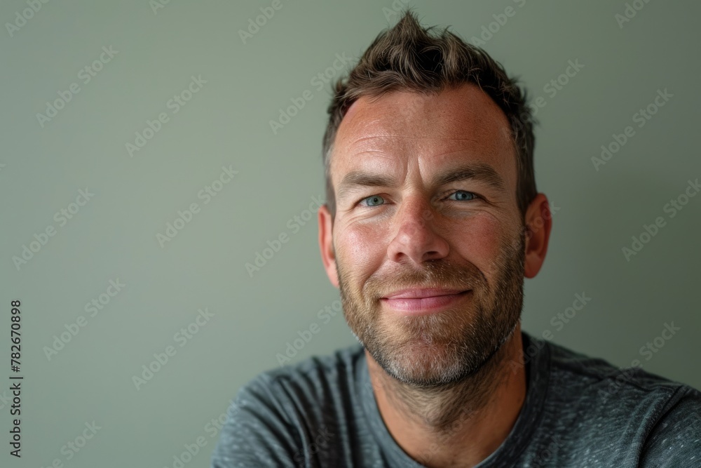 Portrait of a handsome mature man smiling at the camera while standing against grey background Portrait of a handsome mature man smiling at the camera while standing against grey background