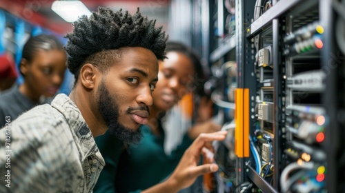 An action shot of an IT spet in motion navigating through a maze of servers and equipment with precision and confidence while colleagues look on in awe and admiration. .