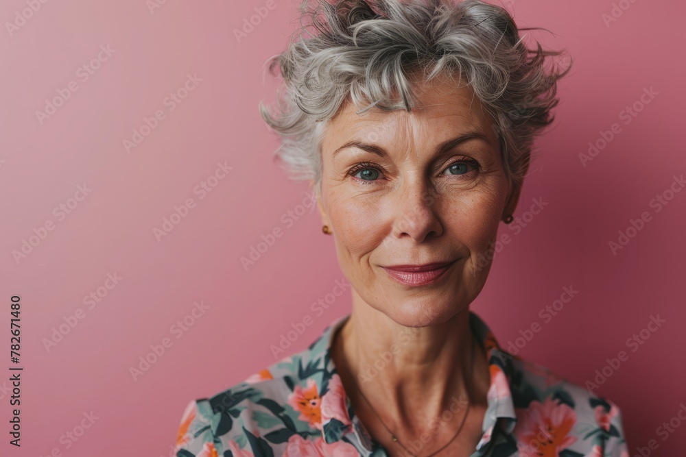 Portrait of a senior woman with short grey hair on a pink background Portrait of a senior woman with short grey hair on a pink background