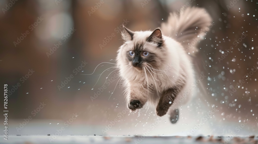 Obraz premium color photo of a mesmerizing Ragdoll cat in mid-jump, water droplets cascading around its long, fluffy fur, capturing the tranquility and grace of this gentle breed