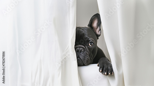 French Bulldog peeking out from behind white curtains, shy, shameful, sly