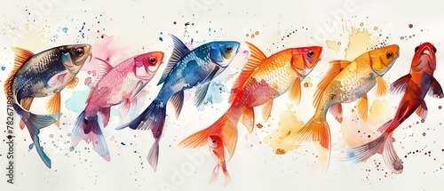 A spectrum of fish, alive in watercolor depths